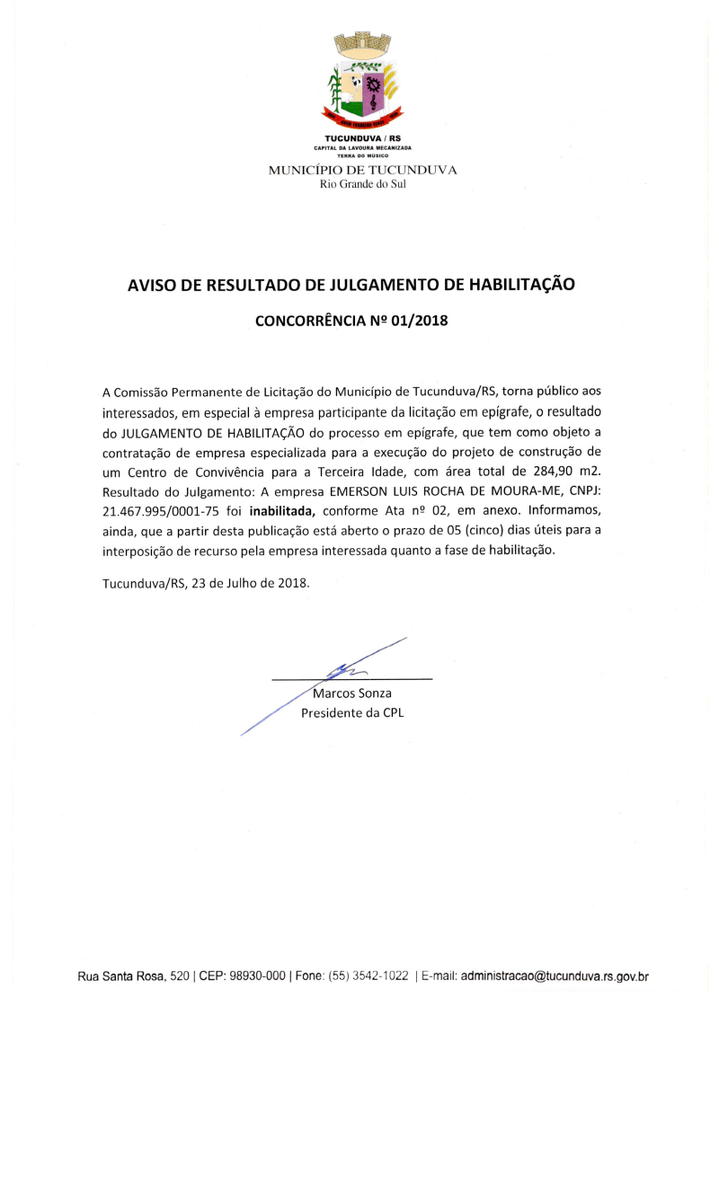 AVISO DE RESULTADO DE JULGAMENTO HABILITAÇÃO - CONCORRÊNCIA  01/2018